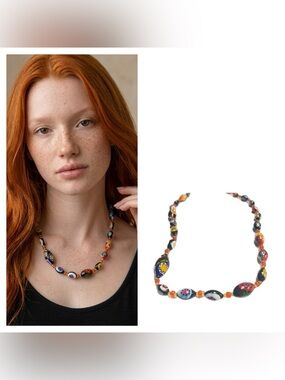 Vintage Venetian Millefiori Glass Bead Necklace - Multicolor 10”L